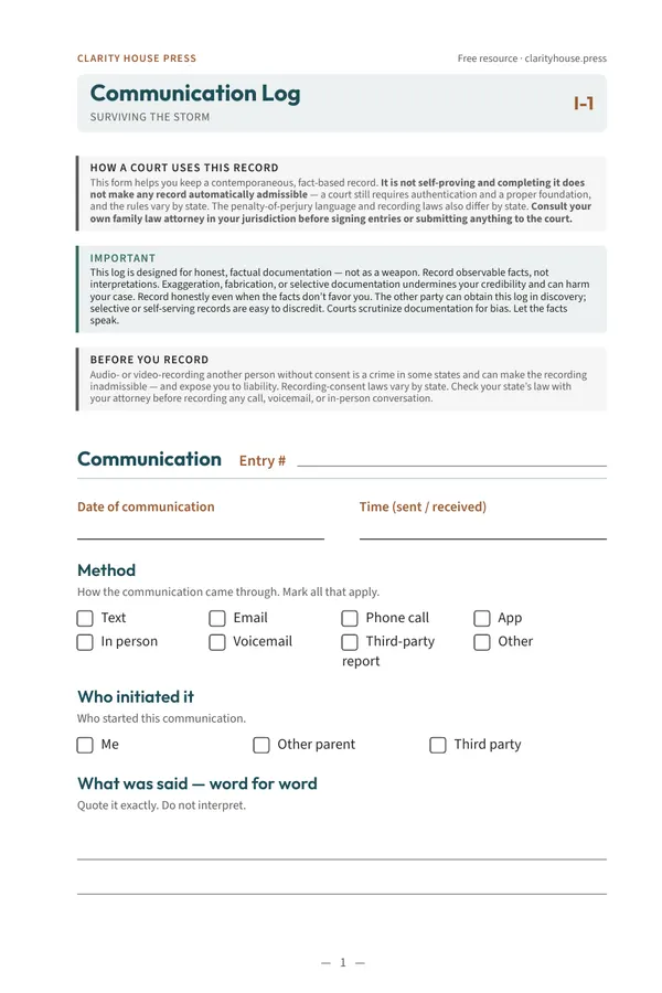 First-page preview of Communication Log