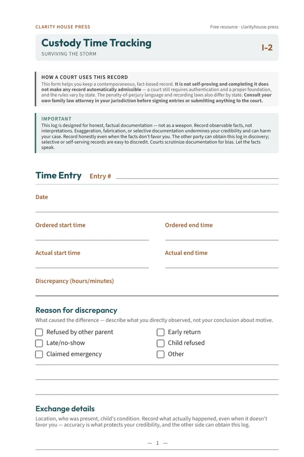 First-page preview of Custody Time Tracking Calendar