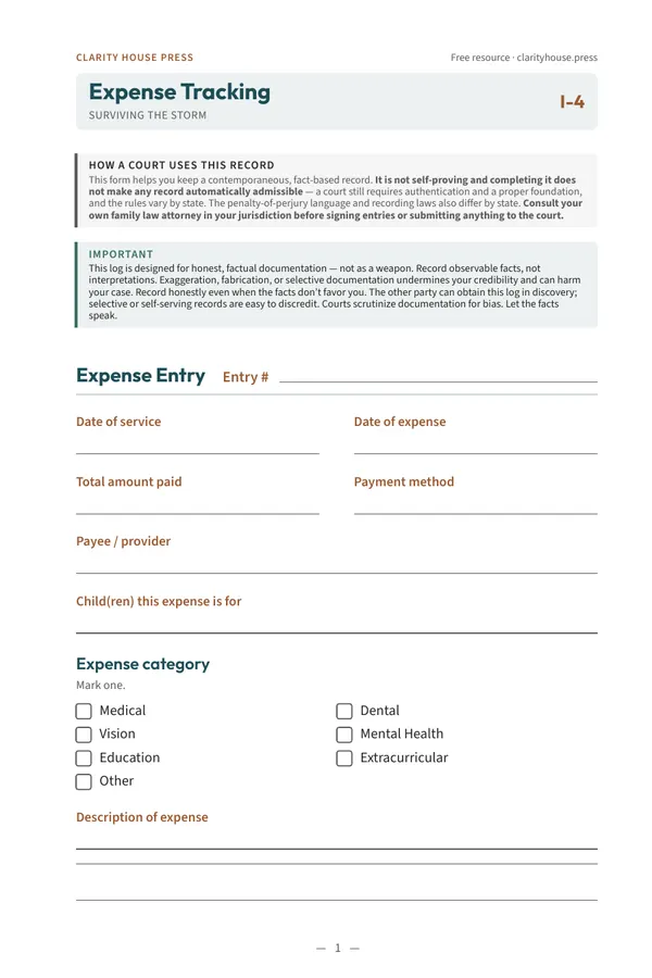 First-page preview of Expense Tracking (Child Support)