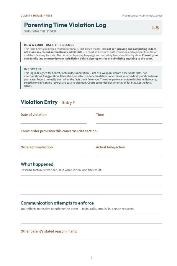 First-page preview of Parenting Time Violation Log