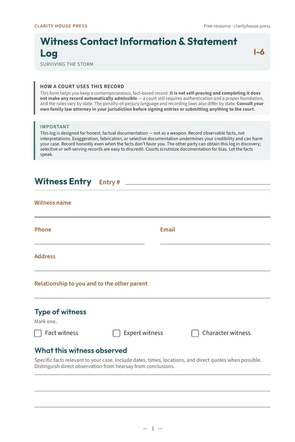 First-page preview of Witness Contact Information