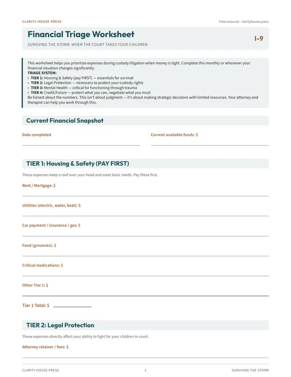 First-page preview of Financial Triage Worksheet